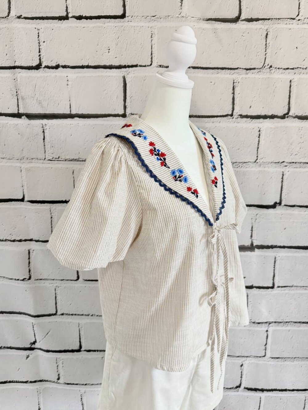 NWT Caroline Constas Embroidered Tie Front Puff Sleeve Top Size S - Picture 7 of 15